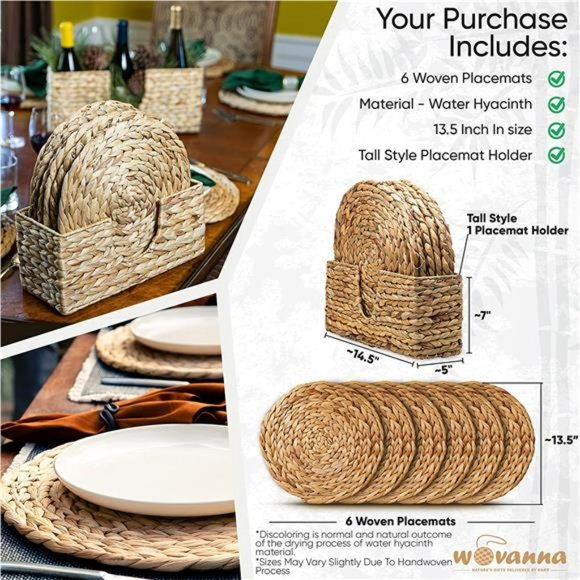 Woven Placemats - Set of 6 Adorable Thick Rustic Round Kitchen Placemats, 13.5" - Picture 5 of 6